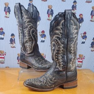 Dan Post leather square toe mid calf brown & white stitching heeled cowboy boots